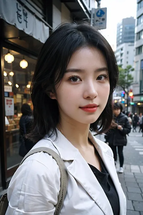 (masutepiece 、Best Quality 、HDR UHD 、Professional)、(Photorealsitic:1.4)、1girl in、A Japanese Lady、Natural light、(Realistic,Photorealsitic:1.37),(Looking at Viewer:1.331),Posing,on tokyo street,moyou,Looks fun