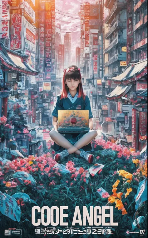 movie photography movie posters, showing a 13-year-old girl sitting at a shrine in the valley between buildings in akihabara, to...