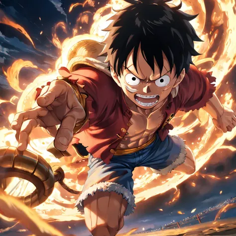 Luffy Gear 5  close-up, brilhante, feliz, Soft lighting and Warm, sun sunset, (Sparks: 0,7)