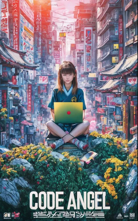 movie photography movie posters, showing a 13-year-old girl sitting at a shrine in the valley between buildings in akihabara, to...