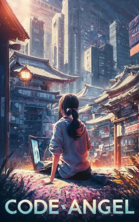 movie photography movie posters, showing a 13-year-old girl sitting at a shrine in the valley between buildings in akihabara, to...