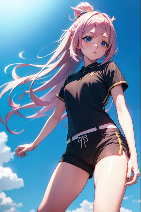 menina anime com cabelo longo e uma camisa branca e shorts pretos uniforme de futebol, anime moe artstyle, melhor anime 4k konac...