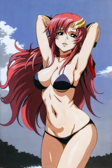 (masterpiece, 4K, Best Quality, Anime style: 1.9, bold drawing lines, High color saturation, Detailed face, tall, Adult Woman, lovely, (cloud background), Drawing lines, high resolution, Anime, lacus4), 1girl in, Solo, curvy figure, Long hair, 鎖骨, scapular...