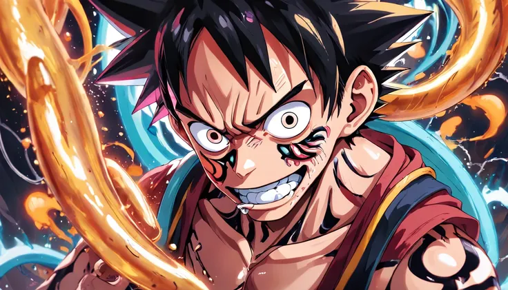 painting Luffy Gear 5 onepiece with a chain around its neck, anime abstract art, graffiti art style, graffiti art, biopunk art, graffiti street art, vibrant cartoon art, furry art, high quality gloss art, vibrant fan art, anime artwork, nychos art aestheti...