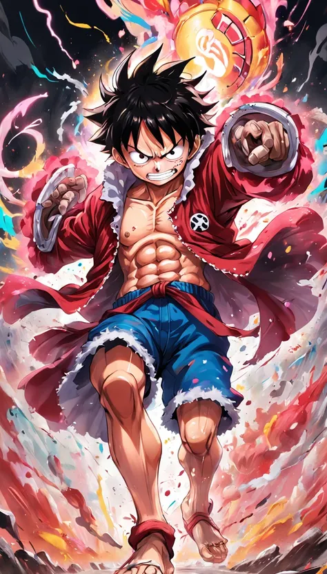 pintura Luffy Gear 5 one piece fidelidade ao altor Luffy, arte abstrata de anime, estilo de arte graffiti, arte do grafite, arte biopunk, Graffiti Arte de Rua, arte vibrante dos desenhos animados, Arte peluda, arte brilhante de alta qualidade, vibrant fan ...