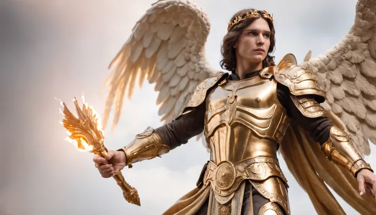 Ultra-realistic angelic figure of Michael the Archangel in his golden divine armor with wings spread with a fire sword in hand in an apocalyptic setting and with dark smoke