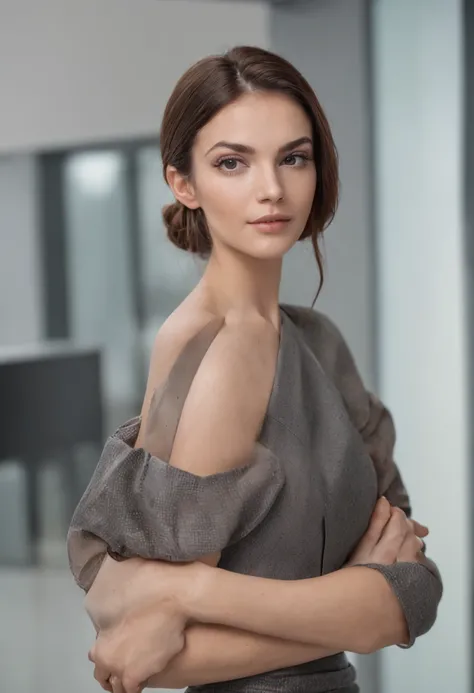 A beautiful naked young woman exuding an air of confidence and intellect in an elegant modern office space next to a complex financial graphic on the wall, You can feel your analytical mind at work, direct into the cameras gaze, ligeiramente sorridente, co...