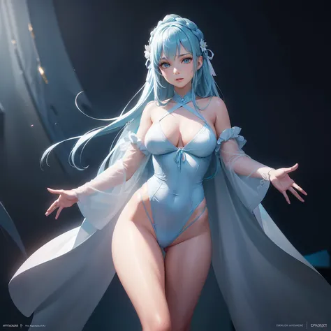 1girll，Perfect face,Radiant skin,Flowing beautiful long hair， Large breasts,exposed bare shoulders，slim toned body，Nice sexy body，Engaging pose，Five Fingers，Long legs，Light blue sailor suit and light blue cardigan、Light blue ribbon, 8k artistic photography...