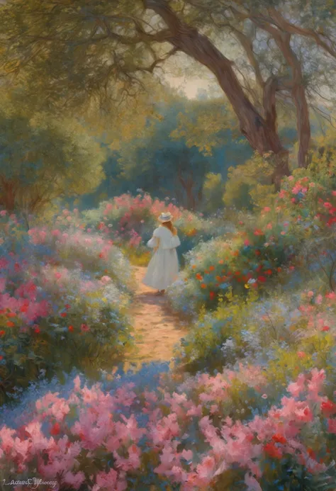 Uma obra-prima sobre tela no estilo de Claude Monet, uma mulher morena de meia-idade, sorrindo, extremamente bonita, paisagem detalhada, hyper-realistic, elementos de simbolismo e surrealismo, design intrincado, folhagem, flor, Landscape, cor pastel, detal...