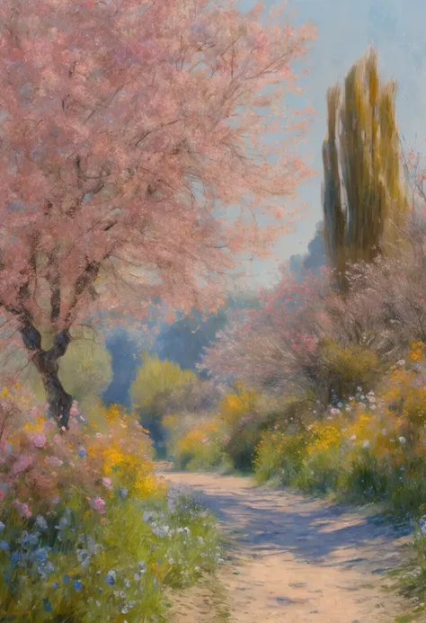 Uma obra-prima sobre tela no estilo de Claude Monet, uma mulher morena de meia-idade, sorrindo, extremamente bonita, paisagem detalhada, hyper-realistic, elementos de simbolismo e surrealismo, design intrincado, folhagem, flor, Landscape, cor pastel, detal...