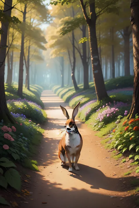 Create animation of a brown rabbit, curious in an enchanted forest with a path of leaves and colorful flowers