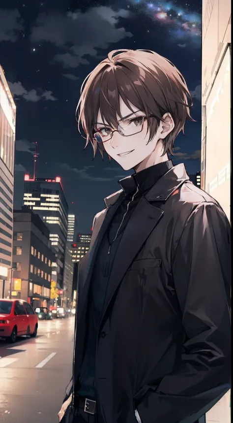 A man, brown hair and black eyes, wearing a glasses, short hair, night, city, badass, mascular, evil smile