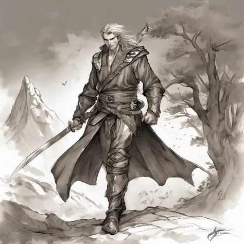 realistic - illustration - pencil art - anime - man ((Branco)), ((guerreiro medieval)), ((DND)), ((dungeon and dragons)), senhor do caos, mestre da magia, guerreiro, em pose imponente, with enigmatic look, cabelo preto, medium wearing adventurers leather c...