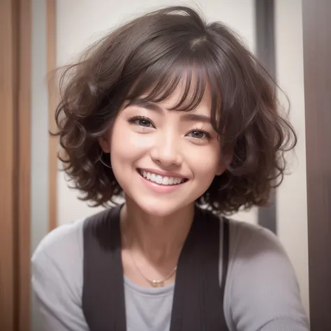 There is a curly woman laughing in the bathroom, Japan Women，Short curly black hair smiles, happily smiling at the camera, beautiful and smiling, Curly hair, messy curly hair, Curly, Light brown hair，she is smiling, she is smiling and happy, very silly loo...