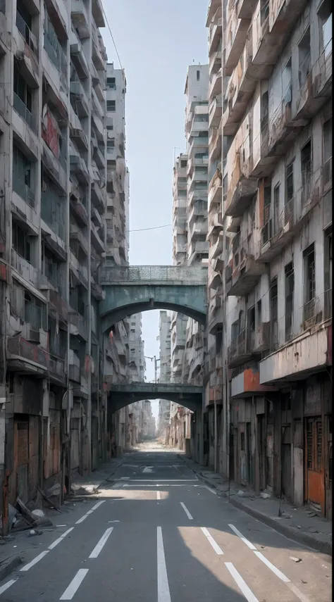 There is a street with a bridge over it and buildings, Paisagens de rua vazias, ruas abandonadas, ruas vazias, rua metropolitana vazia, em uma cidade deserta, post - apocalyptic city streets, Pior lugar para se viver na Europa, Cidade de lixo deserta de Sh...