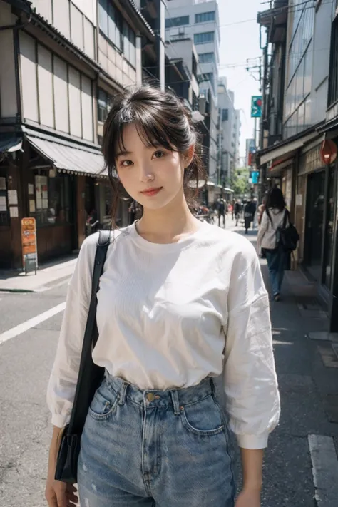 (masutepiece 、Best Quality 、HDR UHD 、Professional)、(Photorealsitic:1.4)、1girl in、A Japanese Lady、Natural light、(Looking at Viewer:1.331)、Posing、on tokyo street、Looks fun、Levis 501、