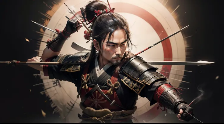 create a realistic image of a samurai with a bow hitting an arrow at a target