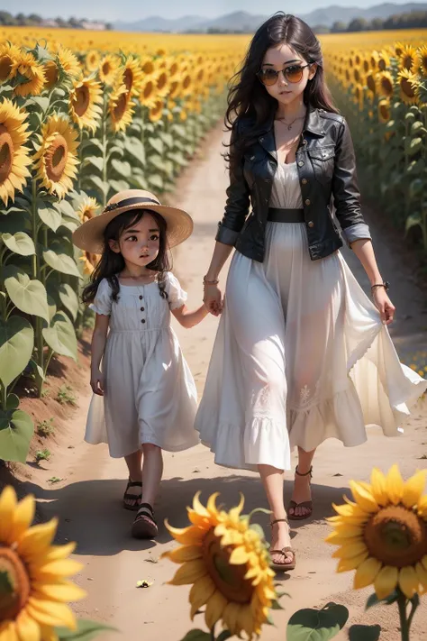 Raise a woman and child walking in a sunflower field, elas devem estar vestidas de branco