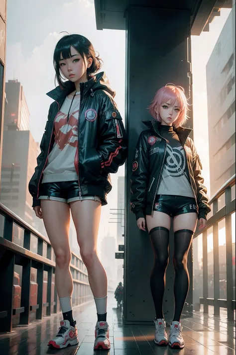 anime girl in short shorts and jacket standing next to giant robot, artwork in the style of guweiz, cyberpunk anime girl mech, trending on cgstation, guweiz, by Russell Dongjun Lu, digital cyberpunk anime art, ross tran 8 k, guweiz on artstation pixiv, gir...