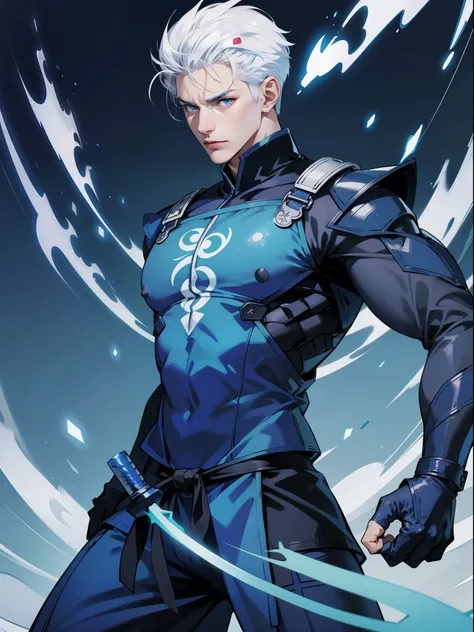 very handsome man, strong, ninja, short spiky white hair, blue eyes, blue ninja uniform, light blue open shirt with shuriken symbol, light blue baggy pants, blue gloves, daggers