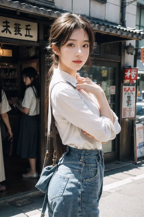 (masutepiece 、Best Quality 、HDR UHD 、Professional)、(Photorealsitic:1.4)、1girl in、A Japanese Lady、Natural light、(Looking at Viewer:1.331)、Posing、on tokyo street、Looks fun、Levis 501、