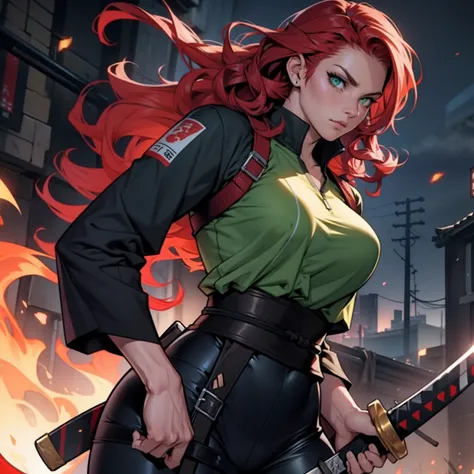 Badass Woman. Sexy Clothes. Redheaded and Green Eyes. Curly Long Hair. With Katana