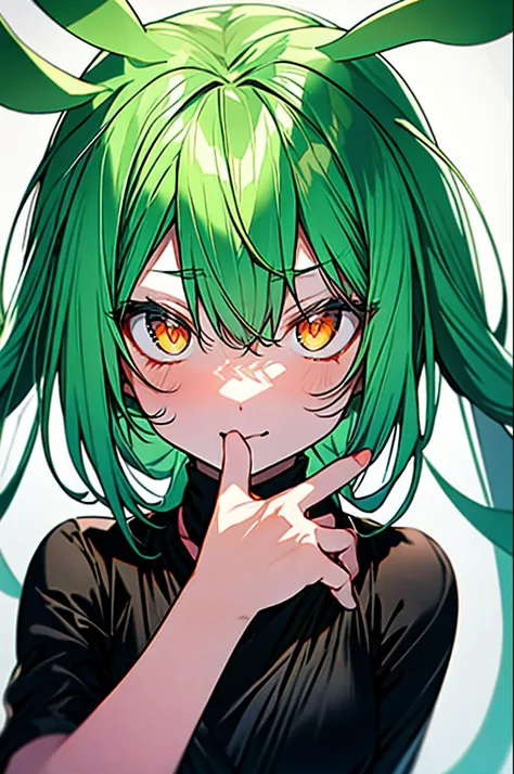 masutepiece, best quality, green hair、orange eyes, face, simple background,