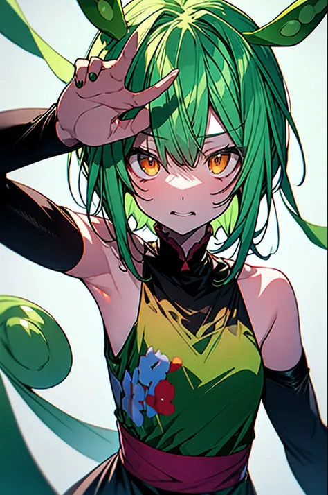 masutepiece, best quality, green hair、orange eyes, face, simple background,