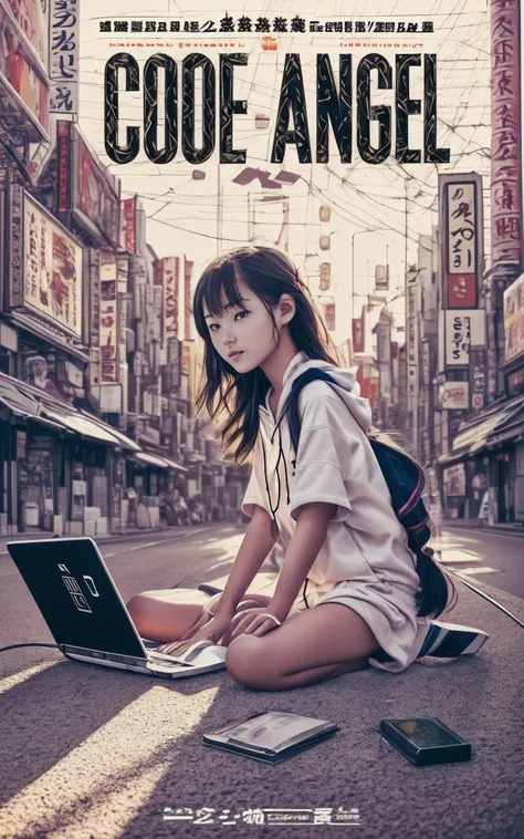 movie photography movie posters, a 13-year-old girl sits at a shrine in the valley between buildings in akihabara, tokyo prefect...