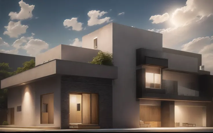 Hyper-realistic vray rendering, Design e arquitetura minimalista, atmosfera com sol e nuvens, Lighting with sconce on the outside, usar cor preta e branca, tijolos aparentes