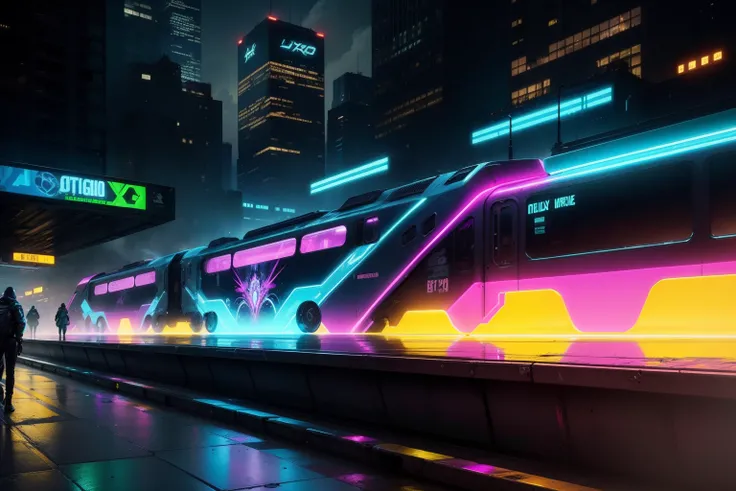 GRAFF WRITERS SPRAYING wildstyle graffiti  , TRANSLUCENT IRIDESCENT HOUR REFLECTIONS New York SUBWAY train running through New York City on the bridges of a futuristic cyber blade runner influenced city  ,  futuristic Tron punk Akira concept graffiti sculp...