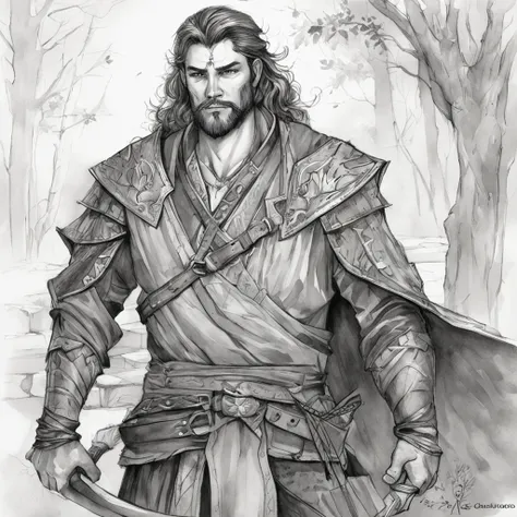 realistic - illustration - pencil art - anime - man ((Branco)), ((guerreiro medieval)), ((dnd)), ((Dungeon and Dragons)), senhor do caos, mestre da magia, guerreiro, em pose imponente, with enigmatic look, cabelo preto, medium wearing adventurers leather c...