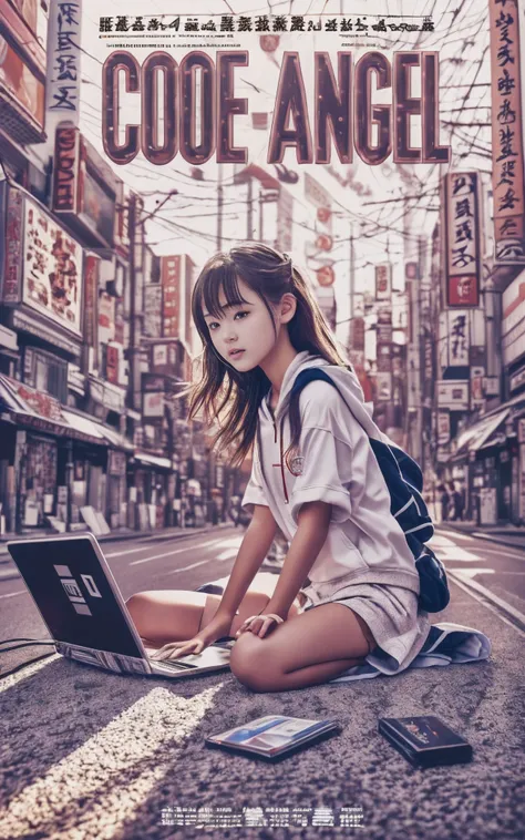 Movie Photography Movie Posters, 13-year-old girl sitting at a shrine in the valley between buildings in Akihabara, tokyo prefecture, Working with a laptop. The morning sun is shining. 8K, Best Rendering, Top Text Says "Code Angel" Behind a girl looking in...