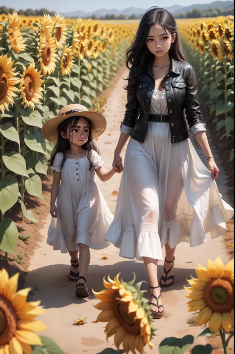 Create a woman and child walking in a field of sunflowers, elas devem estar vestidas de branco