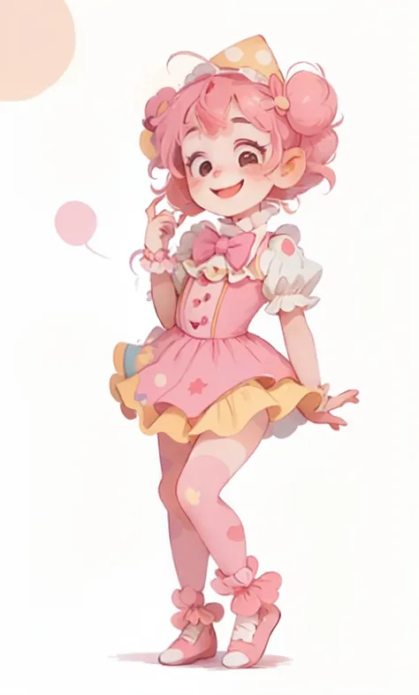 Cartoon clown girl with a cone hat and pink dress wearing colorful socks pink bow tie and with pink hair stuck maria chiquinha style, Smiling clown girl, cutecore clown, cute clown girl, Child Clown Girl, decora inspired illustrations, e 2K Cutecore Clownc...