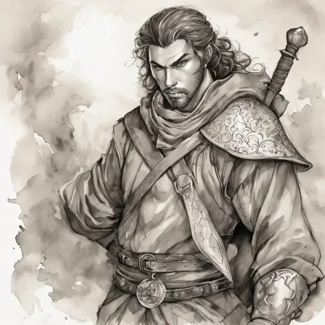 realistic - illustration - pencil art - anime - man ((Branco)), ((guerreiro medieval)), ((dnd)), ((Dungeon and Dragons)), senhor do caos, mestre da magia, guerreiro, em pose imponente, with enigmatic look, cabelo preto curto, vestindo roupas de couro de av...