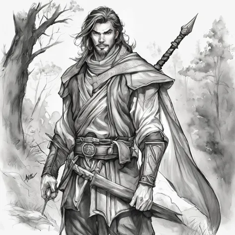 realistic - illustration - pencil art - anime - man ((Branco)), ((guerreiro medieval)), ((dnd)), ((Dungeon and Dragons)), senhor do caos, mestre da magia, guerreiro, em pose imponente, with enigmatic look, cabelo preto curto, vestindo roupas de couro de av...