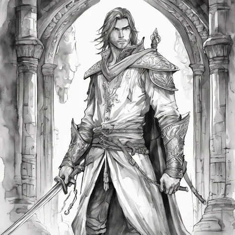 realistic - illustration - pencil art - anime - man ((Branco)), ((guerreiro medieval)), ((dnd)), ((Dungeon and Dragons)), em pose imponente, with enigmatic look, cabelo preto curto, vestindo roupas de couro de aventureiro, Rustic, The clothes are worn and ...