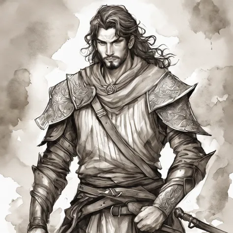 realistic - illustration - pencil art - anime - man ((Branco)), ((guerreiro medieval)), ((dnd)), ((Dungeon and Dragons)), em pose imponente, with enigmatic look, cabelo preto curto, vestindo roupas de couro de aventureiro, Rustic, The clothes are worn and ...