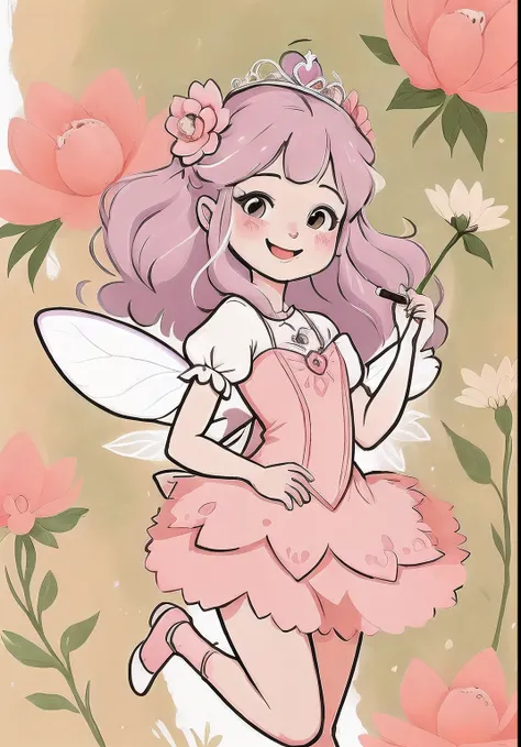 Fairy Cartoon Cartoon Pencil Sketch Style Coloring Book, Contour illustration for coloring,monocromatrico preto e branco, fundo simples branco com cabelo longo, corpo inteiro, full-body drawing showing feet, usando sapatilha delicada,  multiples poses and ...