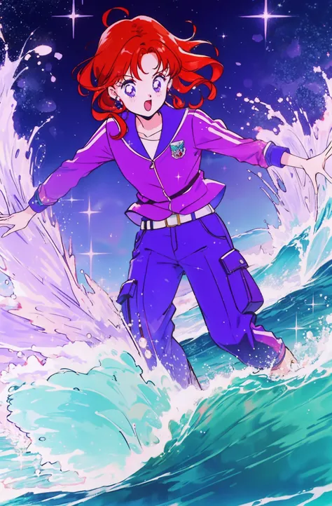 1girl, red head, red hair, bright red, purple and green jacket with cargo pants, water power, sparkle, splashes, waves and bubbles floating, glowing stars,