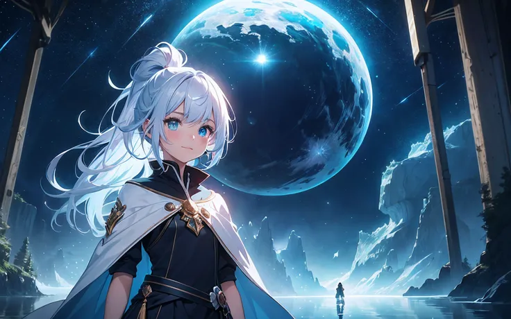 Painting of stars and moon in the sky with river、Concept art inspired by Mitsuoki Tosa、pixiv Competition Winner、Fantasyart、beautiful anime scene、Round of the bright moon、Starry sky environment under moonlight、Sea iceberg、Aurora、Dream painting、Anime Backgro...