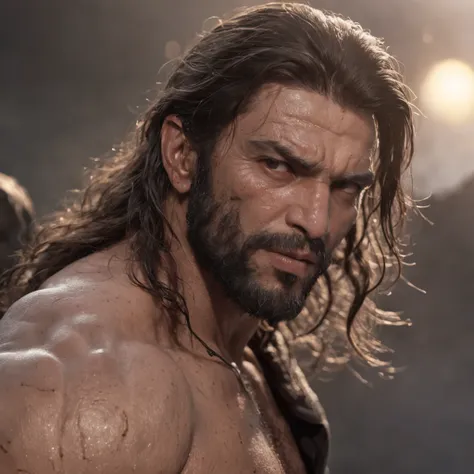 (Professional 3D rendering:1.3) de (Realistic:1.3) Foto de arte mais bonita do mundo，Features soft, bright male heroes, ((Epic hero fantasy rough muscular man wet hero angry look long hair short beard and fierce expression in dynamic pose, fantastic locati...