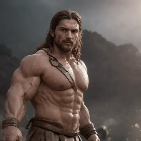 (Professional 3D rendering:1.3) de (Realistic:1.3) Foto de arte mais bonita do mundo，Features soft, bright male heroes, ((Epic hero fantasy rough muscular man wet hero angry look long hair short beard and fierce expression in dynamic pose, fantastic locati...