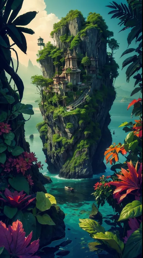 lanscape, 8k potrait of beautiful sea landscape and abadon temple with tall rock stone, temple, intricate, elegant, point of interest photography, perfect natural lighting (masterpiece, sidelighting, finely detailed beautiful lanscape), long hair, realisti...