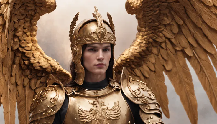 Ultra-realistic angelic figure of Michael the Archangel in his golden divine armor with wings spread with a fire sword in hand in an apocalyptic setting and with dark smoke