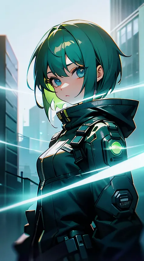 girl, cyberpunk:1,6, short hair, blue eyes, green hair, nightcore, masterpiece, dynamic light, night:1.6,  high quality