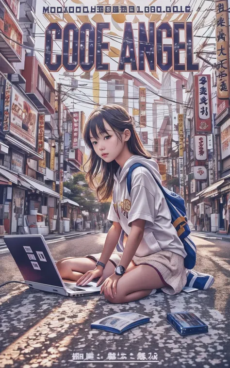 Movie Photography Movie Posters, 13-year-old girl sitting at a shrine in the valley between the buildings in Akihabara, tokyo prefecture, Working with a laptop. The morning sun is shining. 8K, Best Rendering, Top Text Says "Code Angel" Behind a girl lookin...