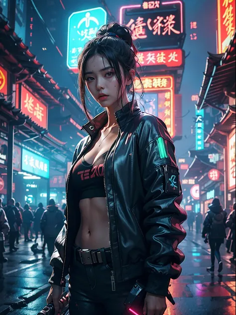 1 cyberpunk girl, tech jacket, long shapeless hair, Best quality, masterpiece, ultra high res, (photorealistic:1.4), xiuxian, weapon, cleavage, (glowing neon lights:1.2),xiuxian, cowboy shot, ((east asian cyberpunk architecture))