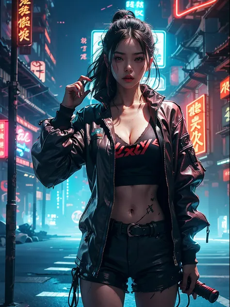 1 cyberpunk girl, tech jacket, long shapeless hair, Best quality, masterpiece, ultra high res, (photorealistic:1.4), xiuxian, weapon, cleavage, (glowing neon lights:1.2),xiuxian, cowboy shot, ((east asian cyberpunk architecture))